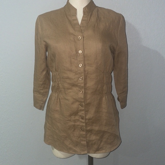 Westbound 100% Linen Fitted Button Down Shirt Light Brown Stand Collar size 6 - Picture 10 of 12